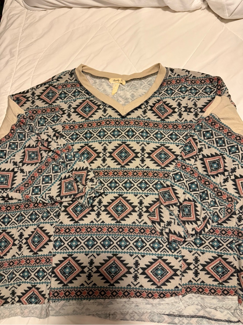 Aztec-Print V-Neck Sweatshirt in Cream with Teal & Blush Accents